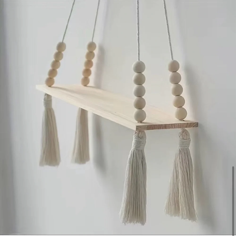 🆕NWT, Macrame Bohemian Wood Beaded Shelf